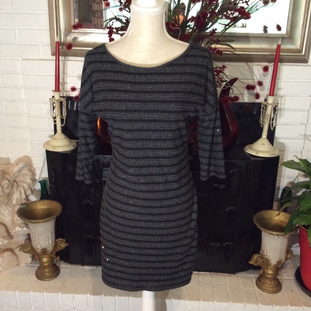 🔥Express Gray Black Striped Sequined Shift Sweater Dress